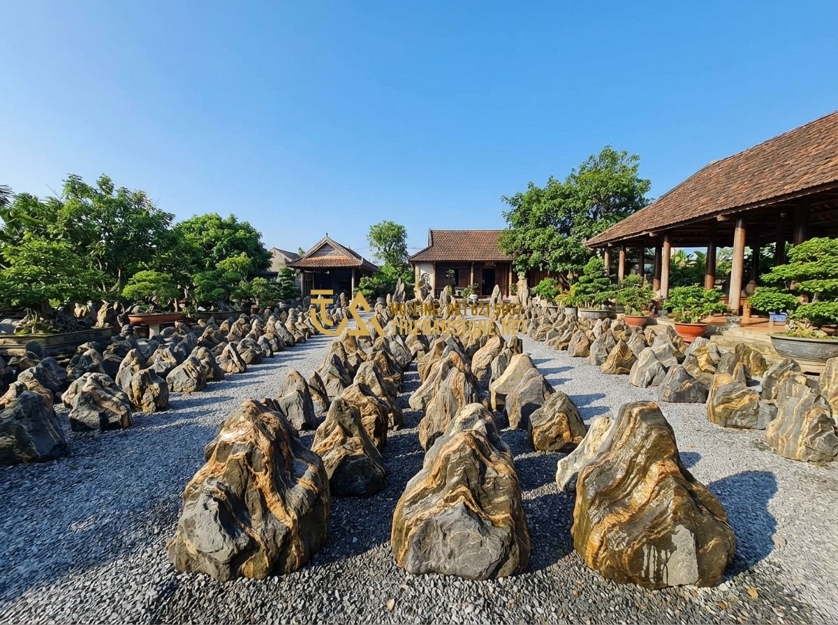 Báo Giá Đá Vân Thạch Mới Nhất 2024: Bảng Giá Chi Tiết Từng Loại Và Nơi Mua Uy Tín - Hình 6 Báo Giá Đá Vân Thạch Mới Nhất 2024: Bảng Giá Chi Tiết Từng Loại Và Nơi Mua Uy Tín - Tạo ảnh tiếng Anh: A vast stone yard of Thien An Stone workshop, filled with hun