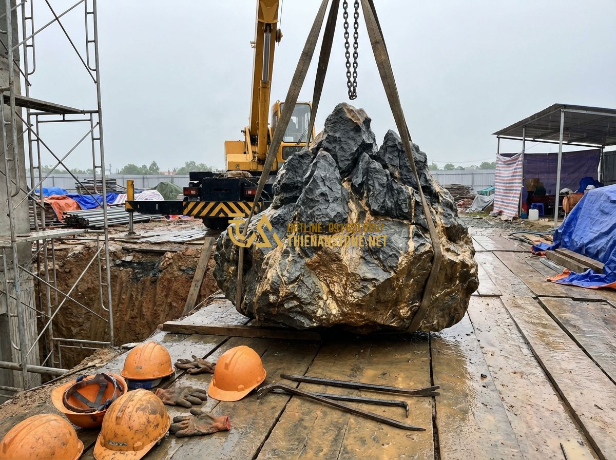 Báo Giá Đá Vân Thạch Mới Nhất 2024: Bảng Giá Chi Tiết Từng Loại Và Nơi Mua Uy Tín - Hình 7 Báo Giá Đá Vân Thạch Mới Nhất 2024: Bảng Giá Chi Tiết Từng Loại Và Nơi Mua Uy Tín - Tạo ảnh tiếng Anh: Skilled stone artisans carefully positioning a large Van Thac