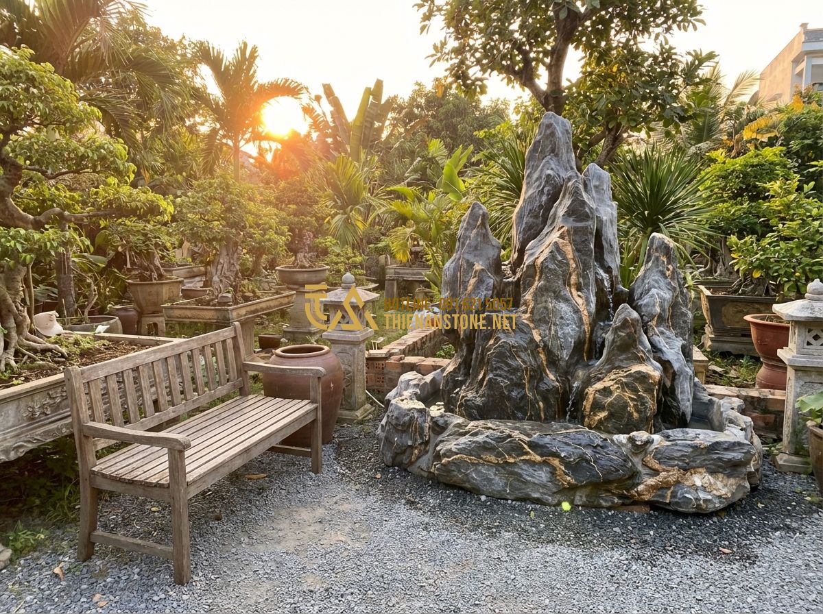 Báo Giá Đá Vân Thạch Mới Nhất 2024: Bảng Giá Chi Tiết Từng Loại Và Nơi Mua Uy Tín - Hình 8 Báo Giá Đá Vân Thạch Mới Nhất 2024: Bảng Giá Chi Tiết Từng Loại Và Nơi Mua Uy Tín - Tạo ảnh tiếng Anh: A happy middle-aged couple sitting on a wooden bench in their