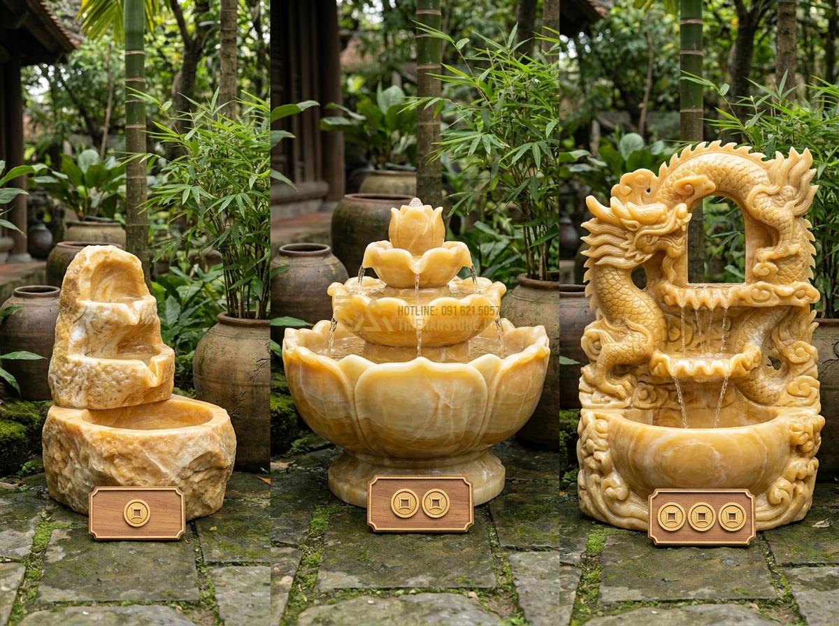 Báo Giá Đài Phun Nước Bằng Đá 2026: Chi Tiết Giá Mini, Nguyên Khối & Đá Mỹ Nghệ - Hình 10 Báo Giá Đài Phun Nước Bằng Đá 2026: Chi Tiết Giá Mini, Nguyên Khối & Đá Mỹ Nghệ - Comparison view of monolithic stone fountain types in different materials showin