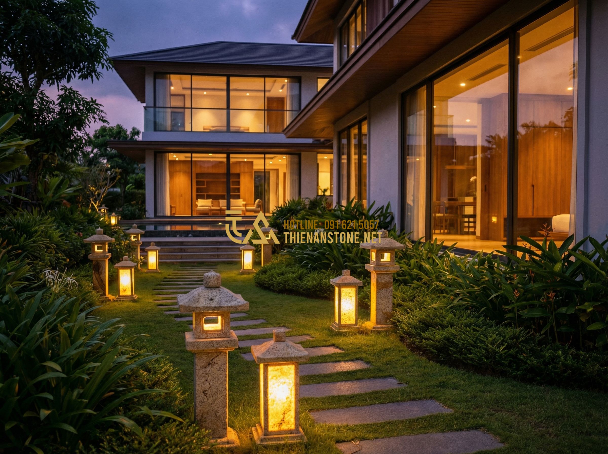 Báo Giá Đèn Đá Sân Vườn Mới Nhất 2024: Giá Rẻ Từ 450k - Cao Cấp - Hình 10 Báo Giá Đèn Đá Sân Vườn Mới Nhất 2024: Giá Rẻ Từ 450k - Cao Cấp - Tạo ảnh tiếng Anh: A wide cinematic shot of a luxury villa's garden at twilight,