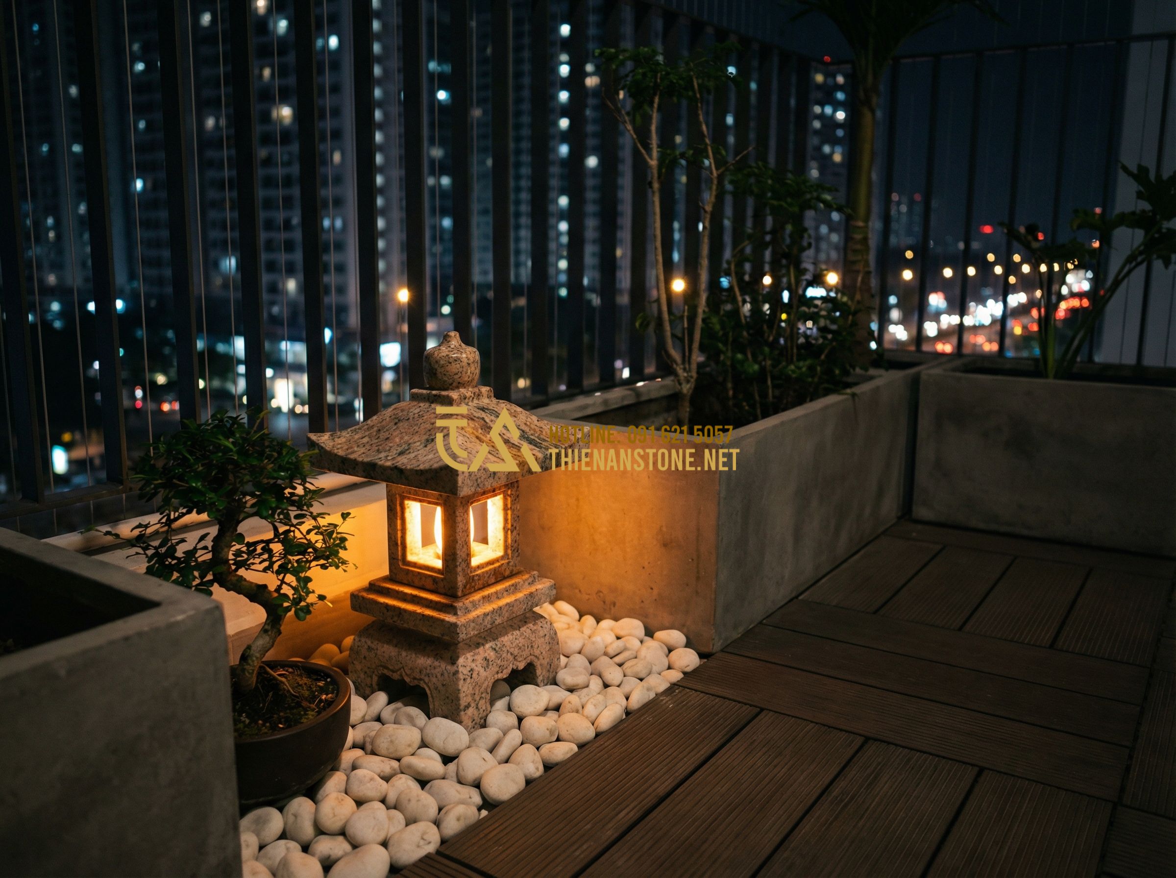 Báo Giá Đèn Đá Sân Vườn Mới Nhất 2024: Giá Rẻ Từ 450k - Cao Cấp - Hình 3 Báo Giá Đèn Đá Sân Vườn Mới Nhất 2024: Giá Rẻ Từ 450k - Cao Cấp - Tạo ảnh tiếng Anh: A modern apartment balcony at night, decorated with a small g