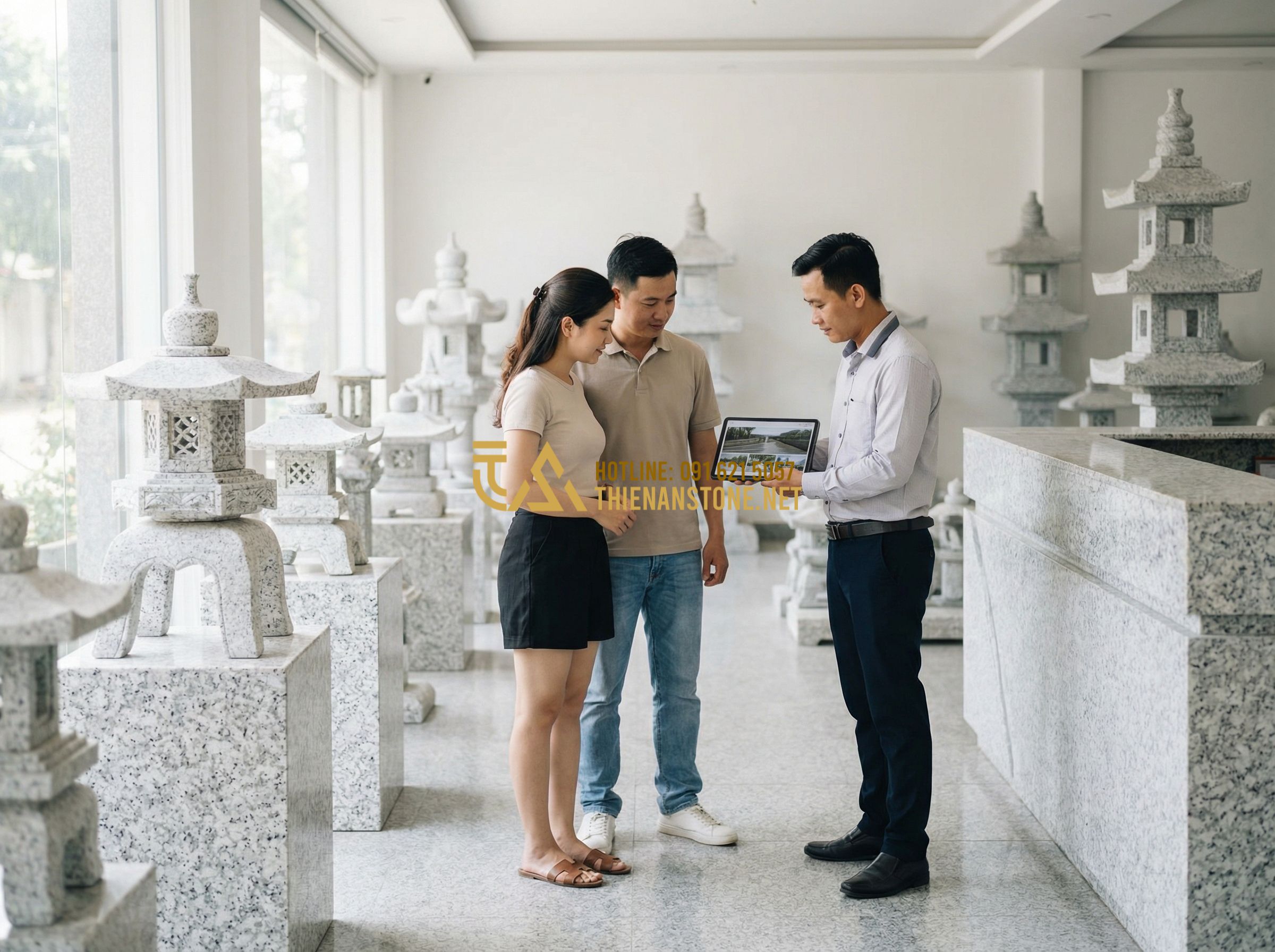 Báo Giá Đèn Đá Sân Vườn Mới Nhất 2024: Giá Rẻ Từ 450k - Cao Cấp - Hình 9 Báo Giá Đèn Đá Sân Vườn Mới Nhất 2024: Giá Rẻ Từ 450k - Cao Cấp - Tạo ảnh tiếng Anh: A professional showroom of a stone craft company, displaying