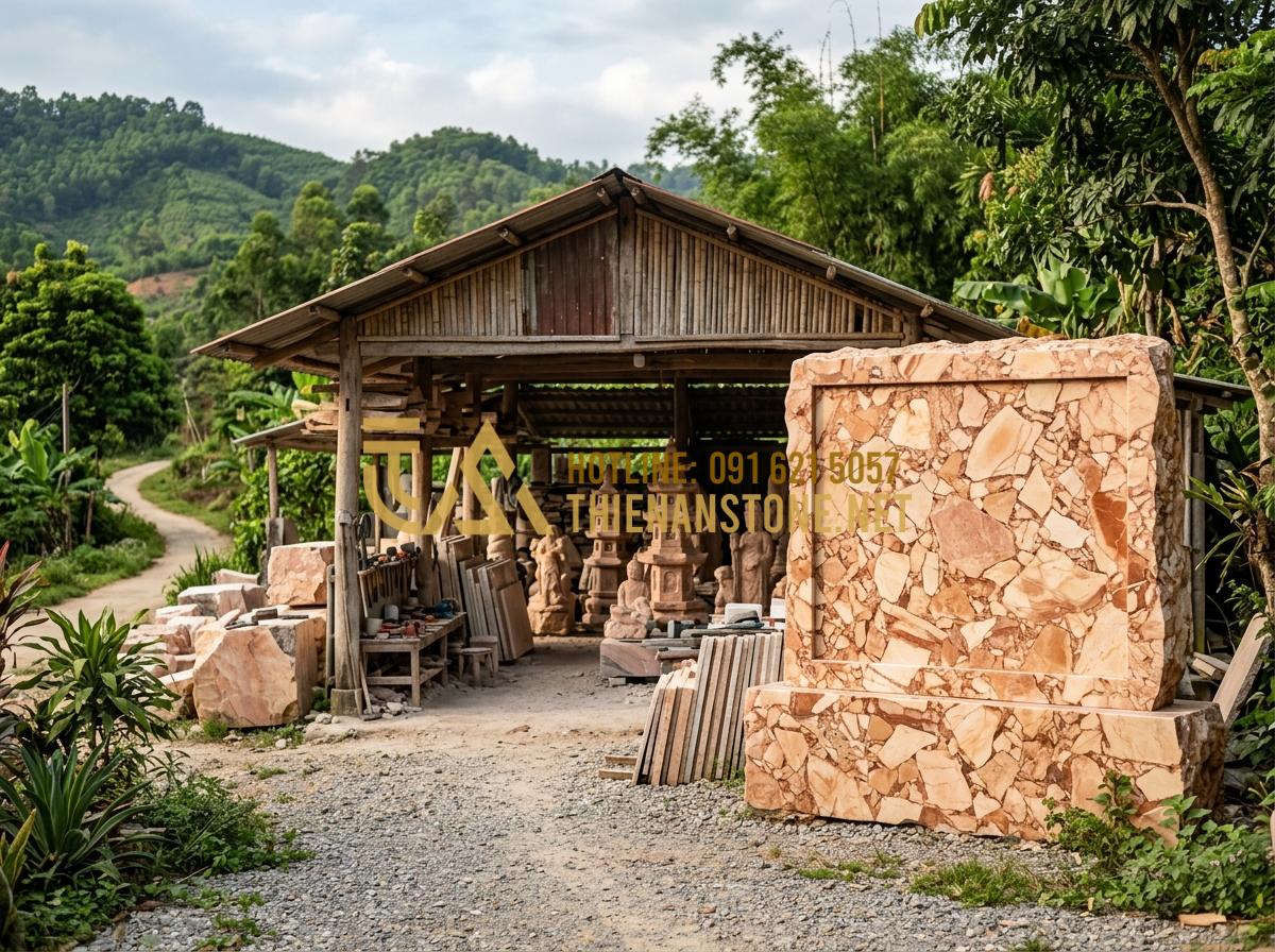 Báo giá gạt tàn thuốc bằng đá 2026: Mua ở đâu uy tín, giá tại xưởng? - Tạo ảnh tiếng Anh: The entrance of Thien An Stone workshop in Phu Tho, featuring