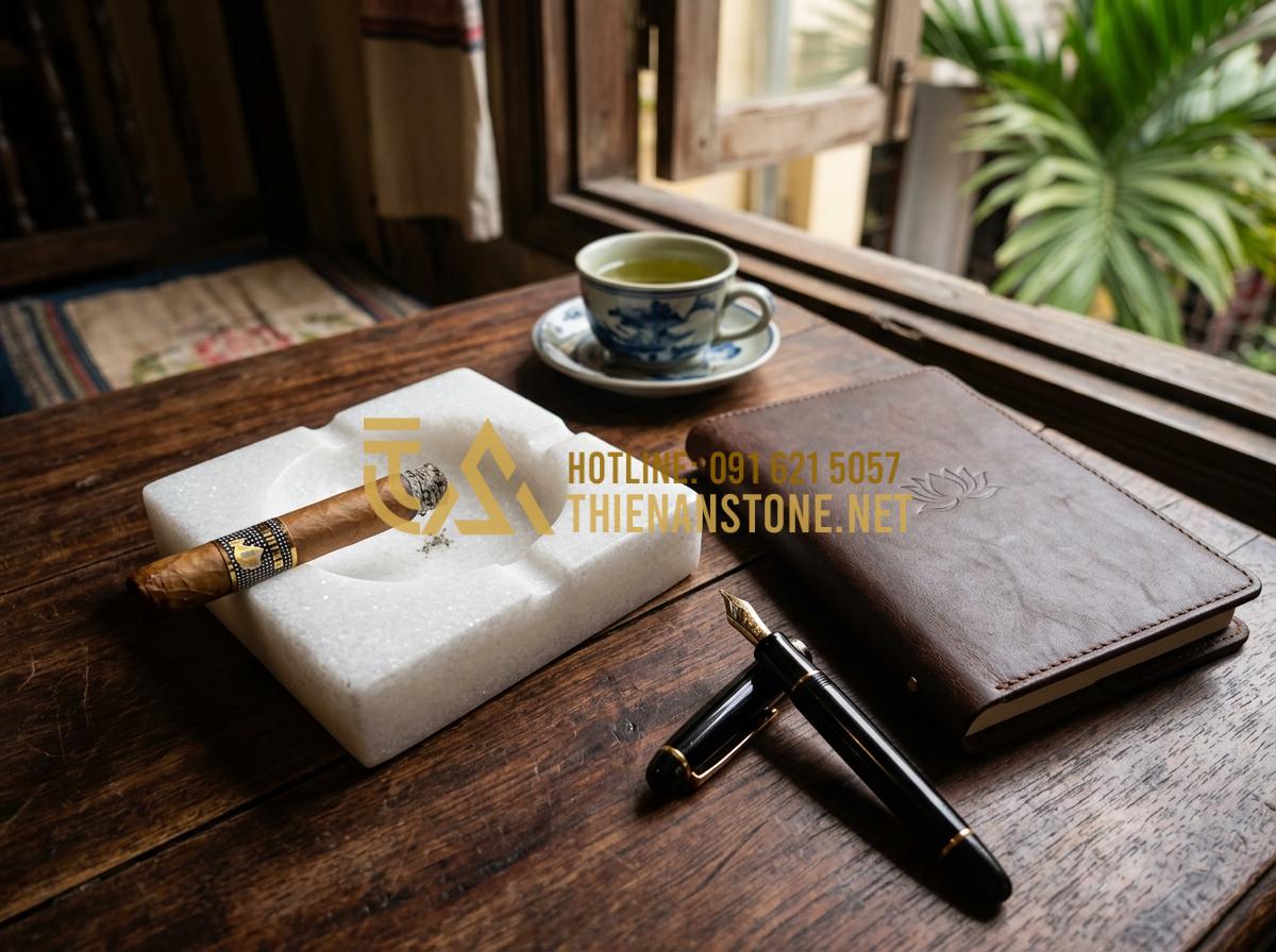 Báo giá gạt tàn thuốc bằng đá 2026: Mua ở đâu uy tín, giá tại xưởng? - Tạo ảnh tiếng Anh: A warm, inviting flat-lay of a high-end stone ashtray, a prem