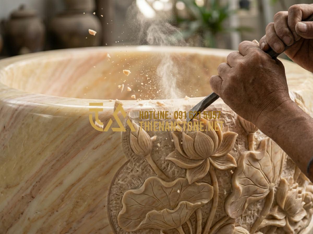 Báo giá giếng đá tự nhiên 2026: Chi phí thi công trọn gói tại xưởng - Hình 2 Báo giá giếng đá tự nhiên 2026: Chi phí thi công trọn gói tại xưởng - Tạo ảnh tiếng Anh: Close-up of a skilled artisan carving intricate lotus pattern