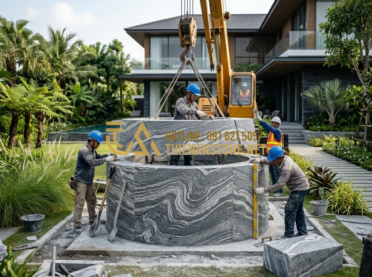 Báo giá giếng đá tự nhiên 2026: Chi phí thi công trọn gói tại xưởng - Hình 4 Báo giá giếng đá tự nhiên 2026: Chi phí thi công trọn gói tại xưởng - Tạo ảnh tiếng Anh: A group of professional stone workers installing a massive st