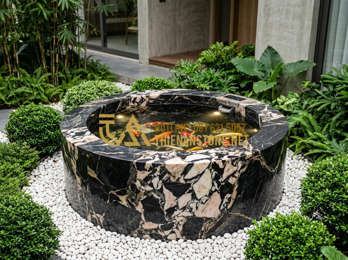 Báo giá giếng đá tự nhiên 2026: Chi phí thi công trọn gói tại xưởng - Hình 6 Báo giá giếng đá tự nhiên 2026: Chi phí thi công trọn gói tại xưởng - Tạo ảnh tiếng Anh: A modern, minimalist garden featuring a sleek, circular stone