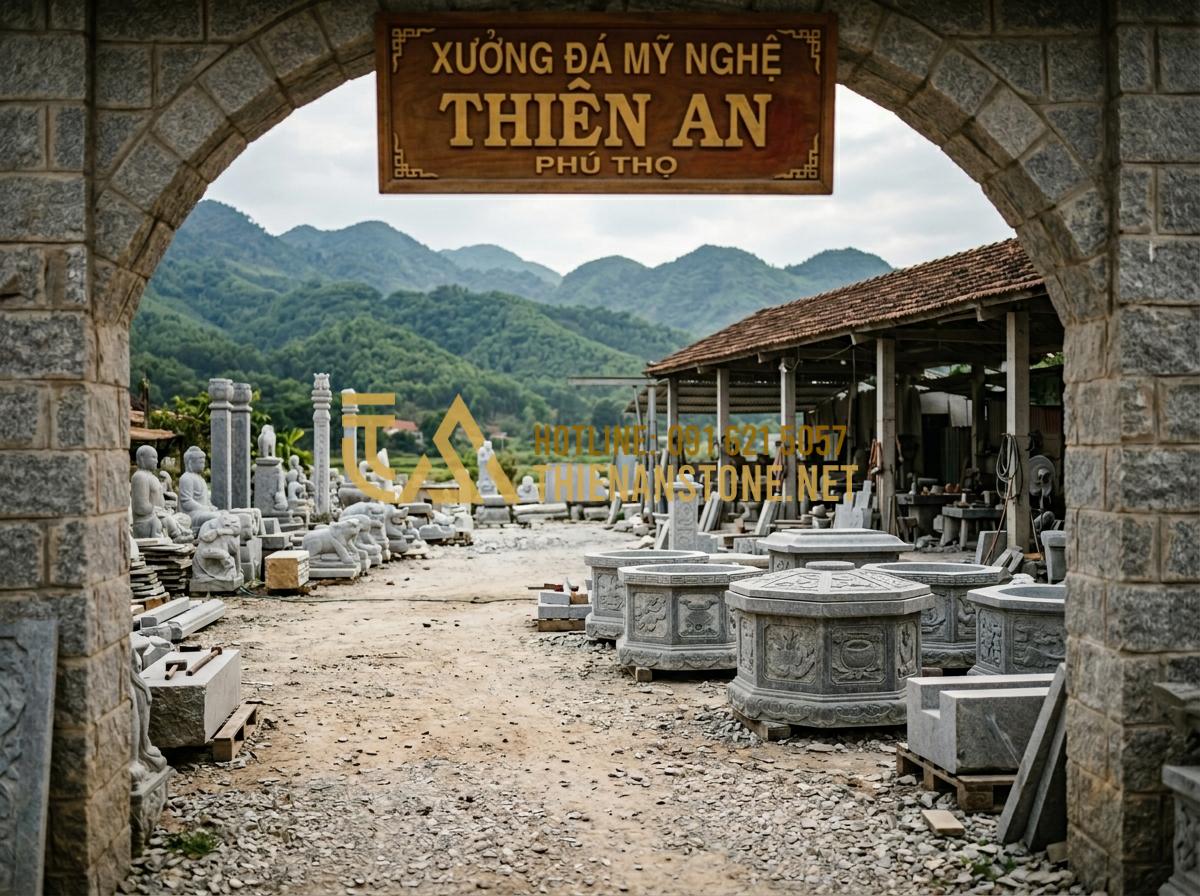 Báo giá giếng đá tự nhiên 2026: Chi phí thi công trọn gói tại xưởng - Hình 8 Báo giá giếng đá tự nhiên 2026: Chi phí thi công trọn gói tại xưởng - Tạo ảnh tiếng Anh: The entrance of Xưởng Đá Mỹ Nghệ Thiên An in Phu Tho, showing