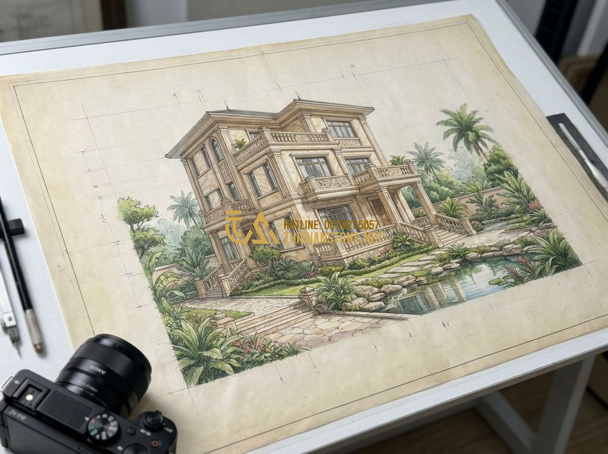 Báo Giá Lan Can Đá Tự Nhiên Mới Nhất 2026 – Giá Lan Can Đá Hoa Cương Theo Mét - Tạo ảnh tiếng Anh: A high-end architectural drawing of a luxury villa featuring