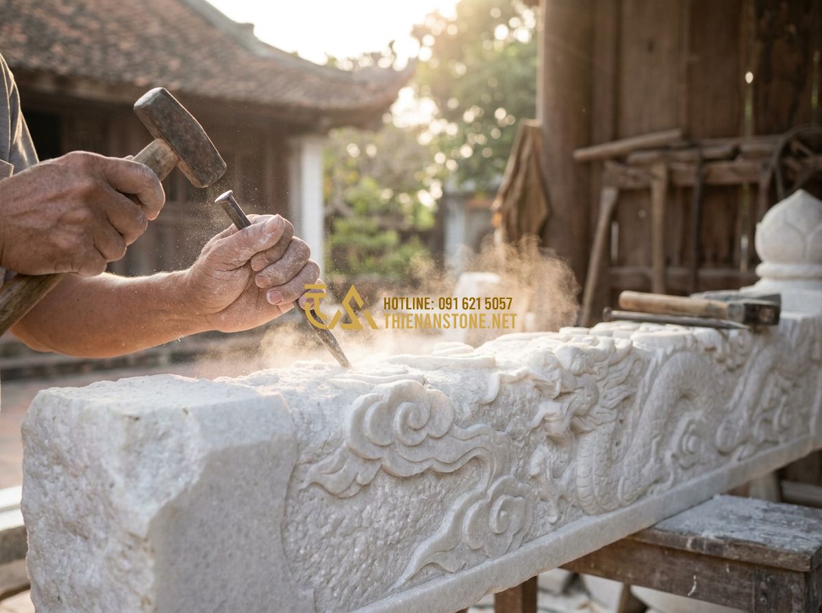 Báo Giá Lan Can Đá Tự Nhiên Mới Nhất 2026 – Giá Lan Can Đá Hoa Cương Theo Mét - Tạo ảnh tiếng Anh: Close-up shot of a skilled Vietnamese stone craftsman carving