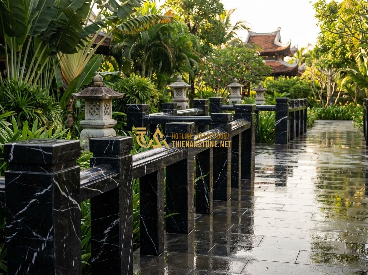 Báo Giá Lan Can Đá Tự Nhiên Mới Nhất 2026 – Giá Lan Can Đá Hoa Cương Theo Mét - Tạo ảnh tiếng Anh: A sequence of elegant granite stone railings in different col