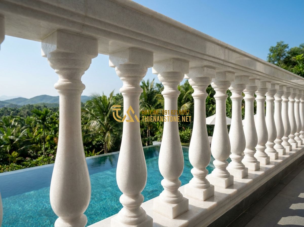Báo Giá Lan Can Đá Tự Nhiên Mới Nhất 2026 – Giá Lan Can Đá Hoa Cương Theo Mét - Tạo ảnh tiếng Anh: A modern luxury villa balcony with white marble railings feat
