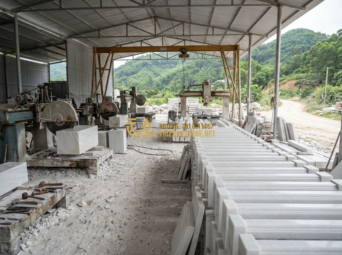 Báo Giá Lan Can Đá Tự Nhiên Mới Nhất 2026 – Giá Lan Can Đá Hoa Cương Theo Mét - Tạo ảnh tiếng Anh: Wide shot of a professional stone masonry workshop in the cou