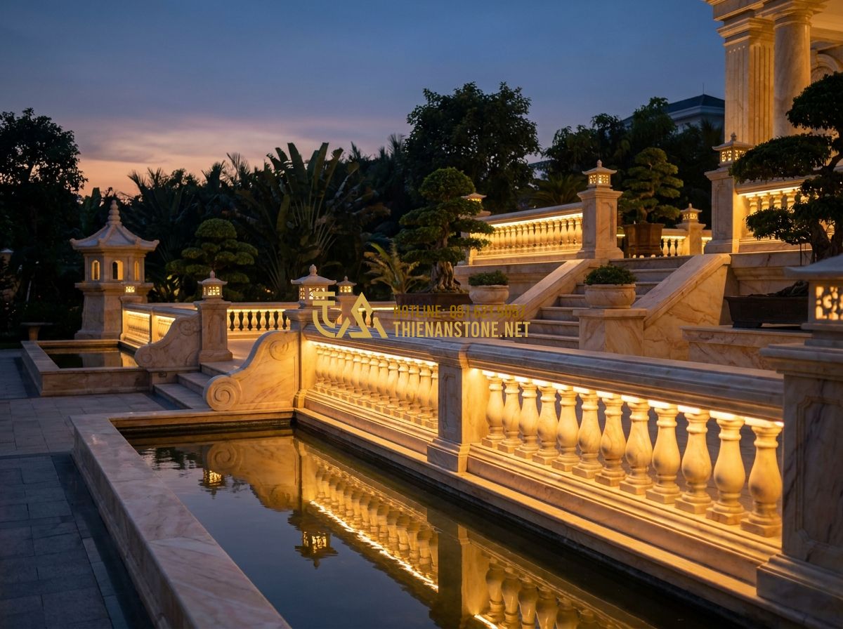 Báo Giá Lan Can Đá Tự Nhiên Mới Nhất 2026 – Giá Lan Can Đá Hoa Cương Theo Mét - Tạo ảnh tiếng Anh: A wide panoramic shot of a luxurious classical garden in twil
