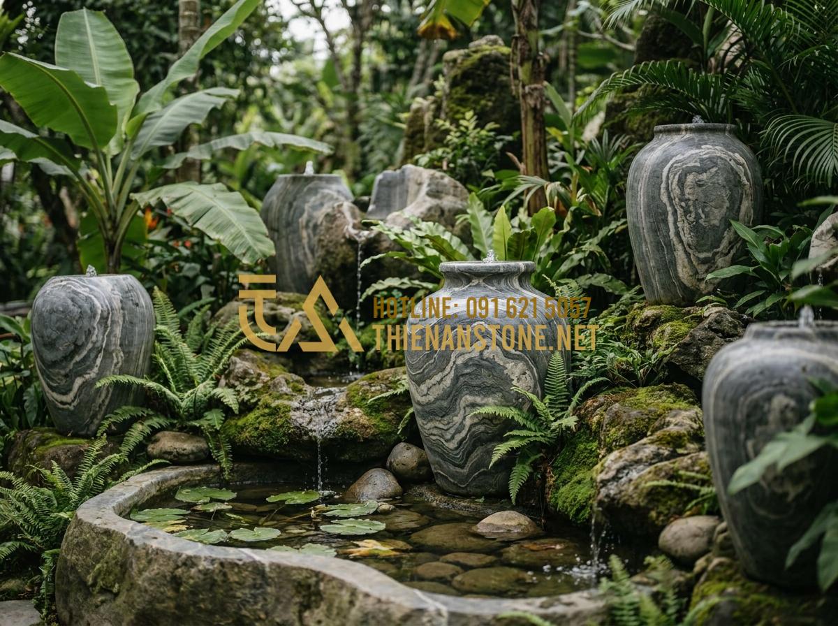Báo Giá Lọ Hoa Đá Tự Nhiên 2026 - Địa Chỉ Mua Lọ Hoa Bằng Đá Uy Tín, Chất Lượng - Hình 17 Báo Giá Lọ Hoa Đá Tự Nhiên 2026 - Địa Chỉ Mua Lọ Hoa Bằng Đá Uy Tín, Chất Lượng - Creative garden design featuring multiple natural stone flower vases integrated