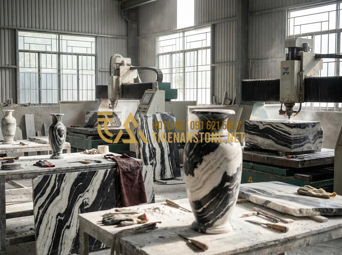 Báo Giá Lọ Hoa Đá Tự Nhiên 2026 - Địa Chỉ Mua Lọ Hoa Bằng Đá Uy Tín, Chất Lượng - Hình 9 Báo Giá Lọ Hoa Đá Tự Nhiên 2026 - Địa Chỉ Mua Lọ Hoa Bằng Đá Uy Tín, Chất Lượng - Interior view of professional stone flower vase manufacturing workshop with CNC
