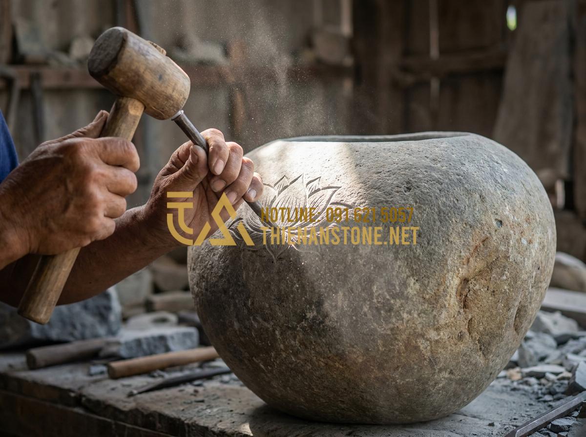Báo giá lu nước tiểu cảnh 2026: Mua lu đá ở đâu uy tín, giá tại xưởng? - Hình 3 Báo giá lu nước tiểu cảnh 2026: Mua lu đá ở đâu uy tín, giá tại xưởng? - Tạo ảnh tiếng Anh: Detailed close-up of a master craftsman's hands using a chise