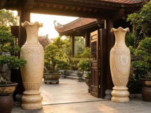 Báo Giá Lục Bình Đá Tự Nhiên Mới Nhất 2026 – Giá Lục Bình Bằng Đá Theo Kích Thước Chi Tiết - Tạo ảnh tiếng Anh: A high-end architectural scene featuring a pair of large, mas