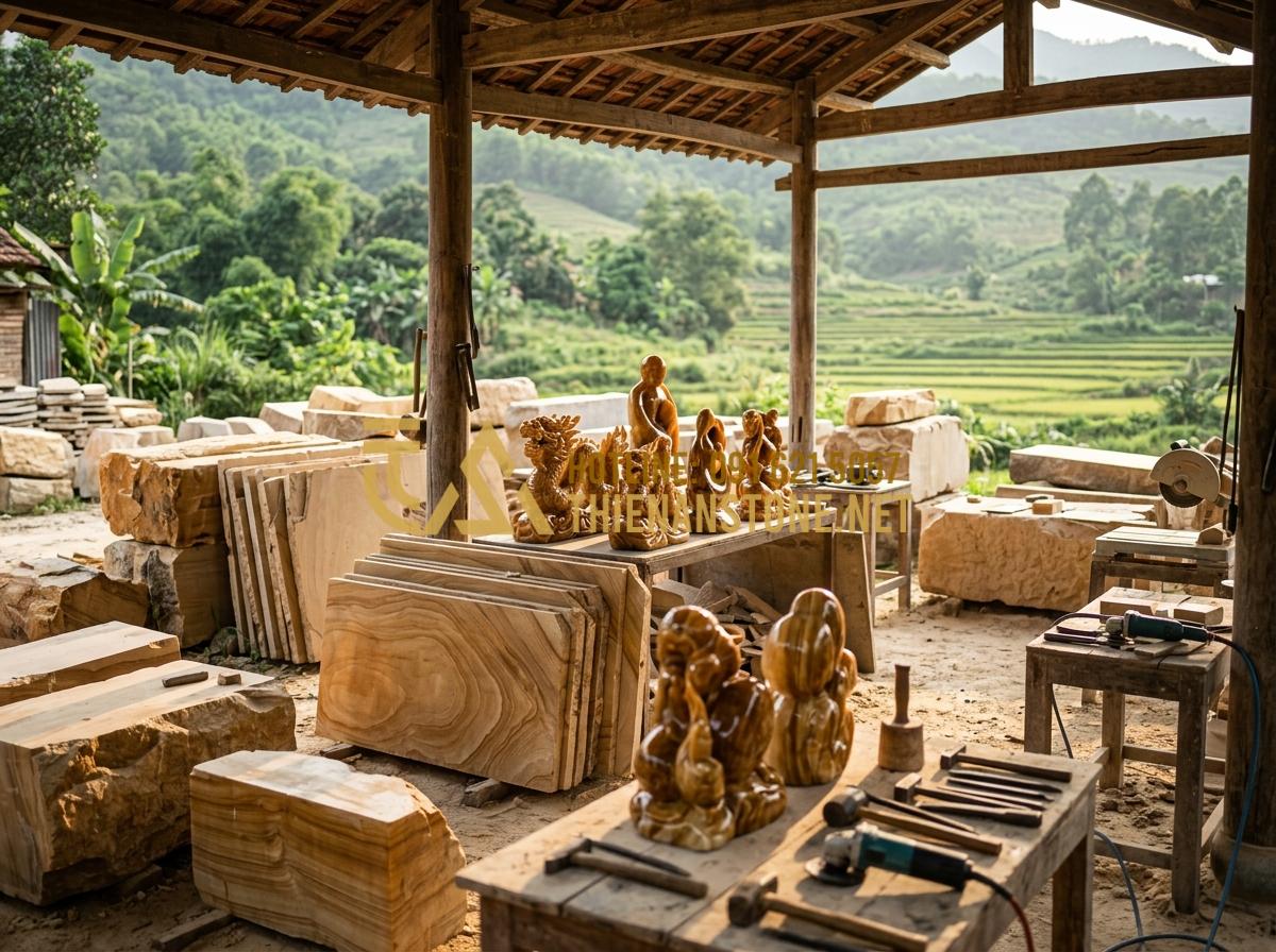 Báo giá nắp hút đáy bằng đá 2026 - Nhận gia công theo kích thước yêu cầu - Tạo ảnh tiếng Anh: Exterior shot of Thien An Stone workshop in a rural landscape