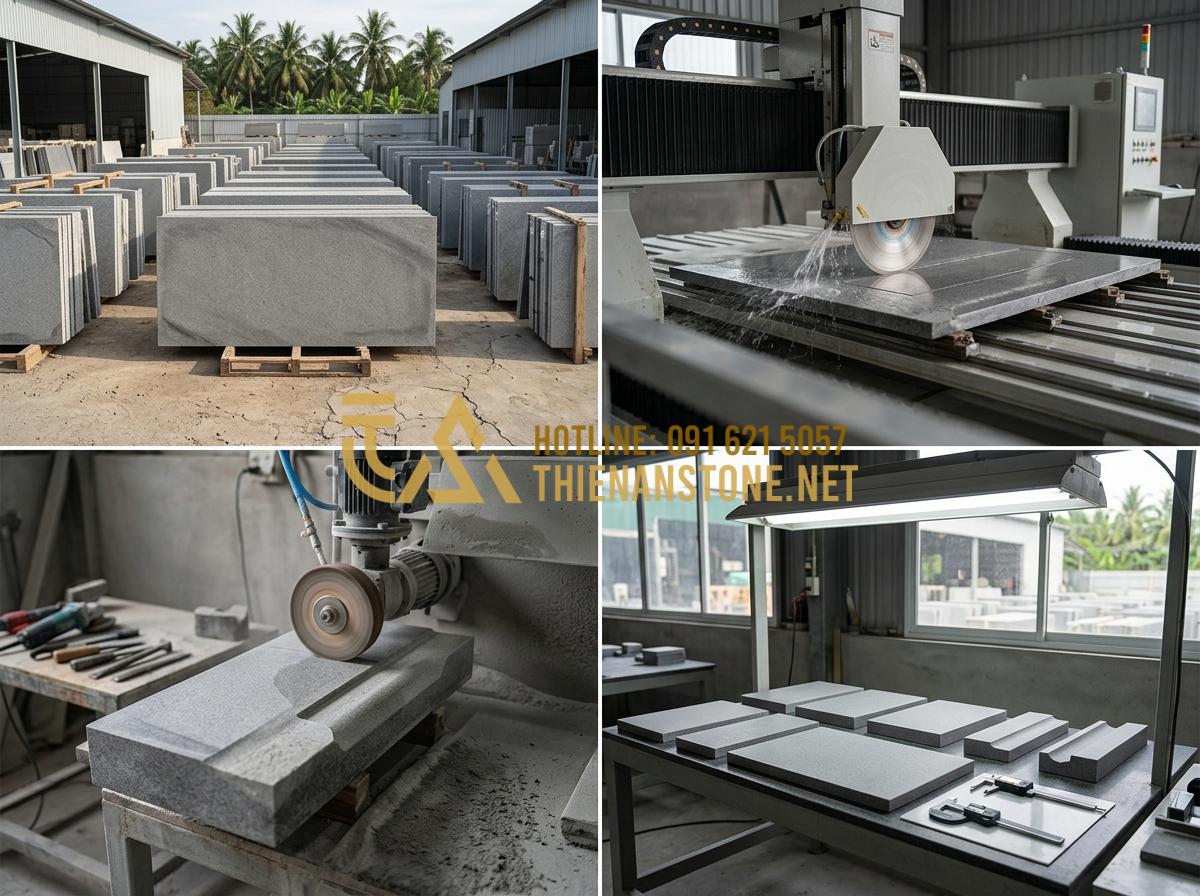 Báo giá nắp hút đáy bằng đá 2026 - Nhận gia công theo kích thước yêu cầu - Tạo ảnh tiếng Anh: Infographic layout showing the step-by-step process of stone