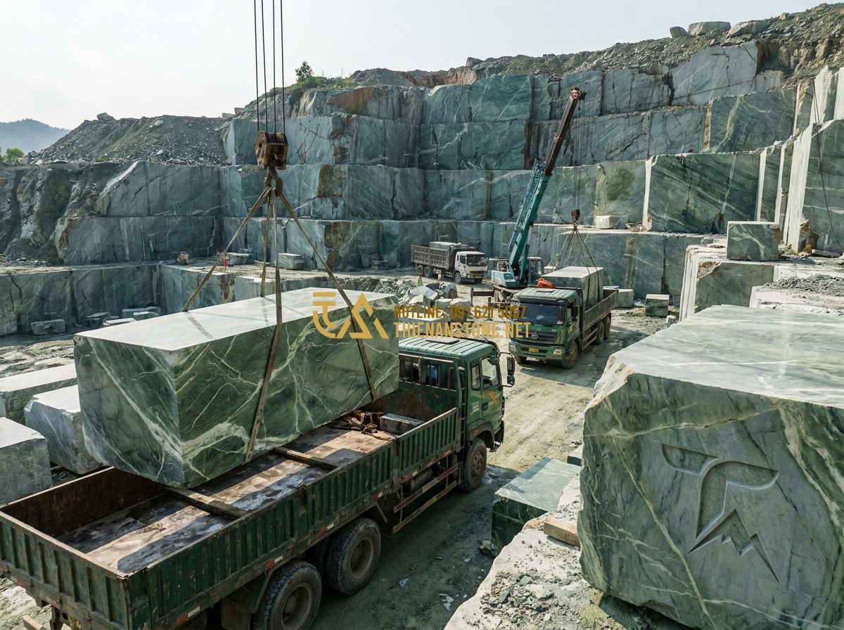 Báo Giá Sập Đá Nguyên Khối Mới Nhất 2026 – Giá Phản Đá Tự Nhiên Cao Cấp Theo Kích Thước - Tạo ảnh tiếng Anh: A panoramic view of a massive stone quarry in Thanh Hoa with