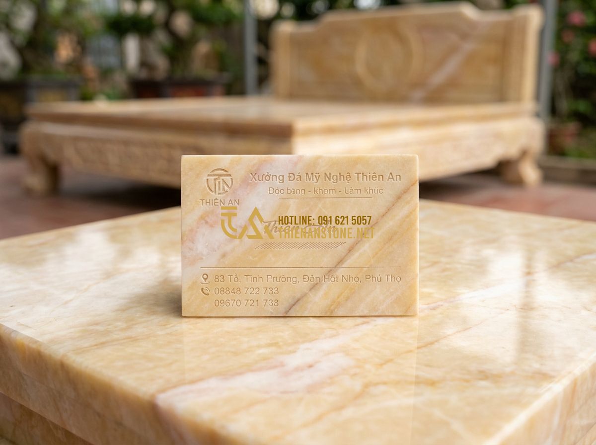 Báo Giá Sập Đá Nguyên Khối Mới Nhất 2026 – Giá Phản Đá Tự Nhiên Cao Cấp Theo Kích Thước - Tạo ảnh tiếng Anh: A professional business card of "Xưởng Đá Mỹ Nghệ Thiên An" e