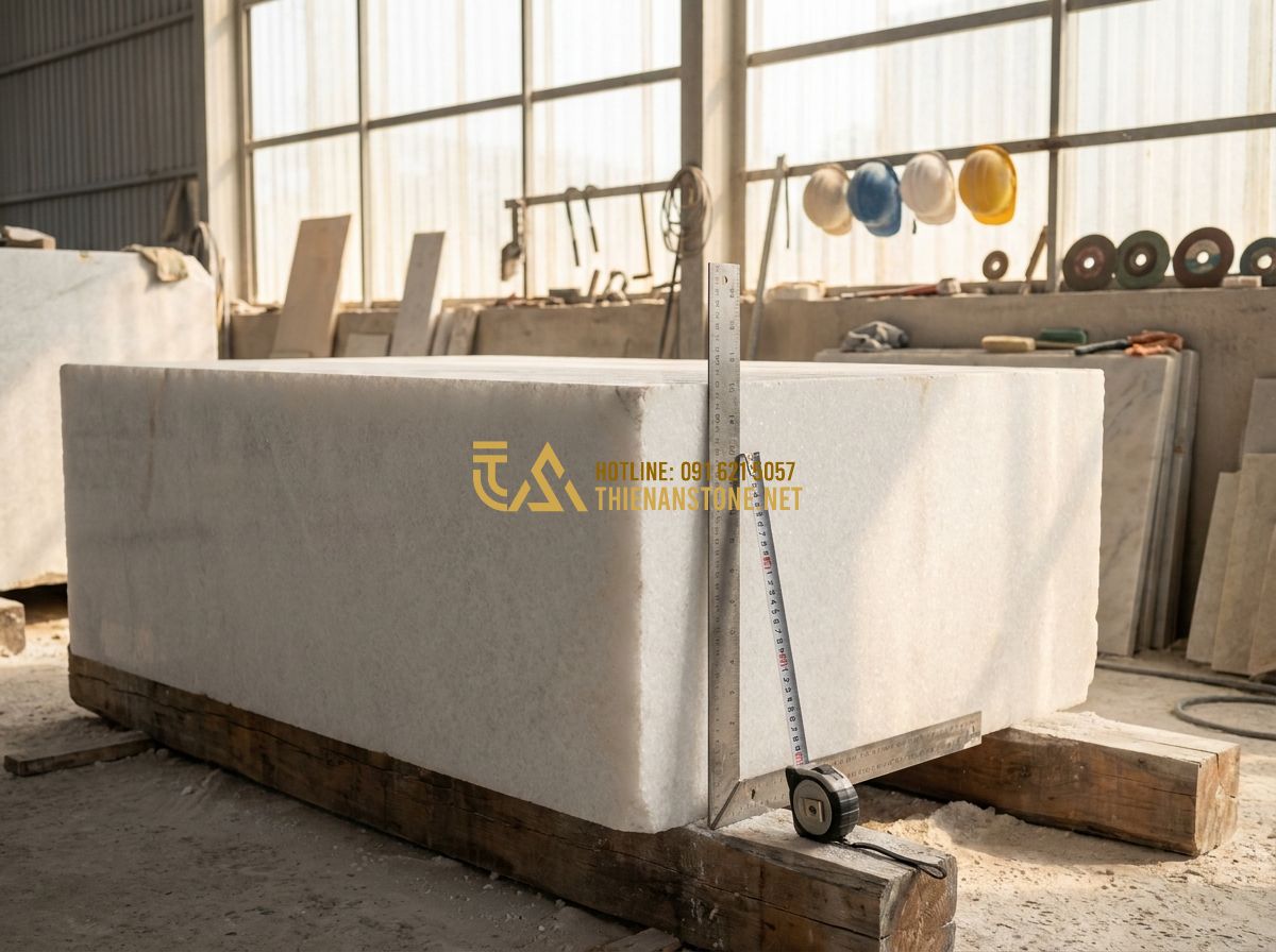 Báo Giá Sập Đá Nguyên Khối Mới Nhất 2026 – Giá Phản Đá Tự Nhiên Cao Cấp Theo Kích Thước - Tạo ảnh tiếng Anh: A professional craftsman at Thien An Stone workshop measuring