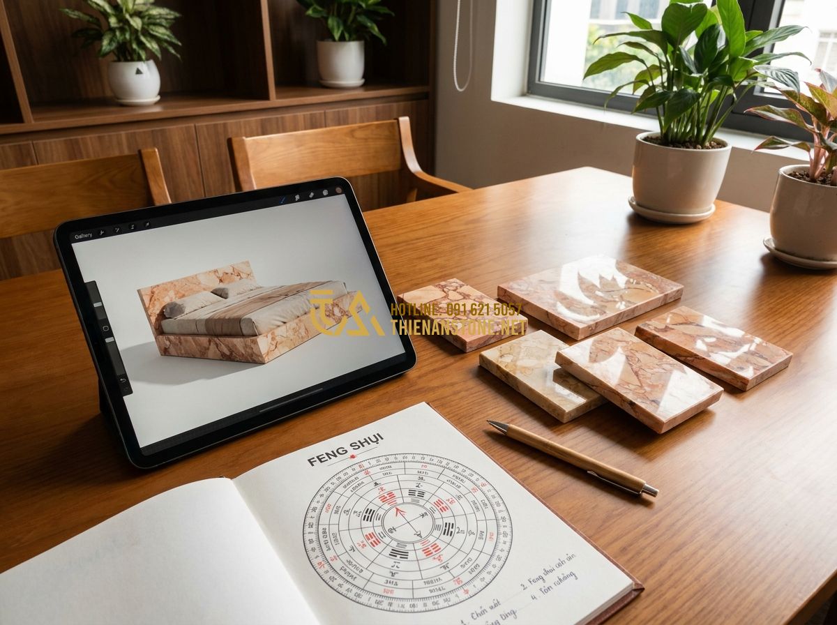 Báo Giá Sập Đá Nguyên Khối Mới Nhất 2026 – Giá Phản Đá Tự Nhiên Cao Cấp Theo Kích Thước - Tạo ảnh tiếng Anh: A professional consultant at Thien An Stone office showing a