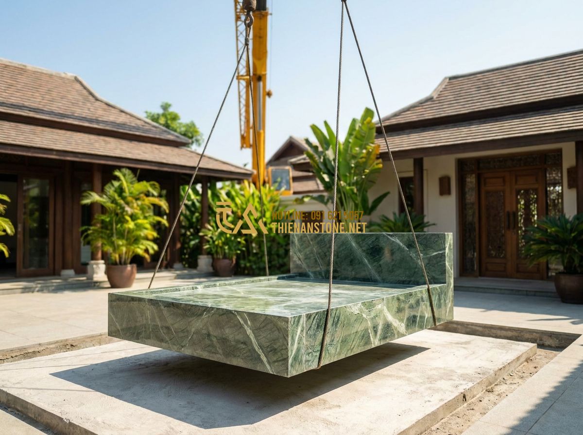 Báo Giá Sập Đá Nguyên Khối Mới Nhất 2026 – Giá Phản Đá Tự Nhiên Cao Cấp Theo Kích Thước - Tạo ảnh tiếng Anh: A giant crane carefully lowering a massive white marble stone
