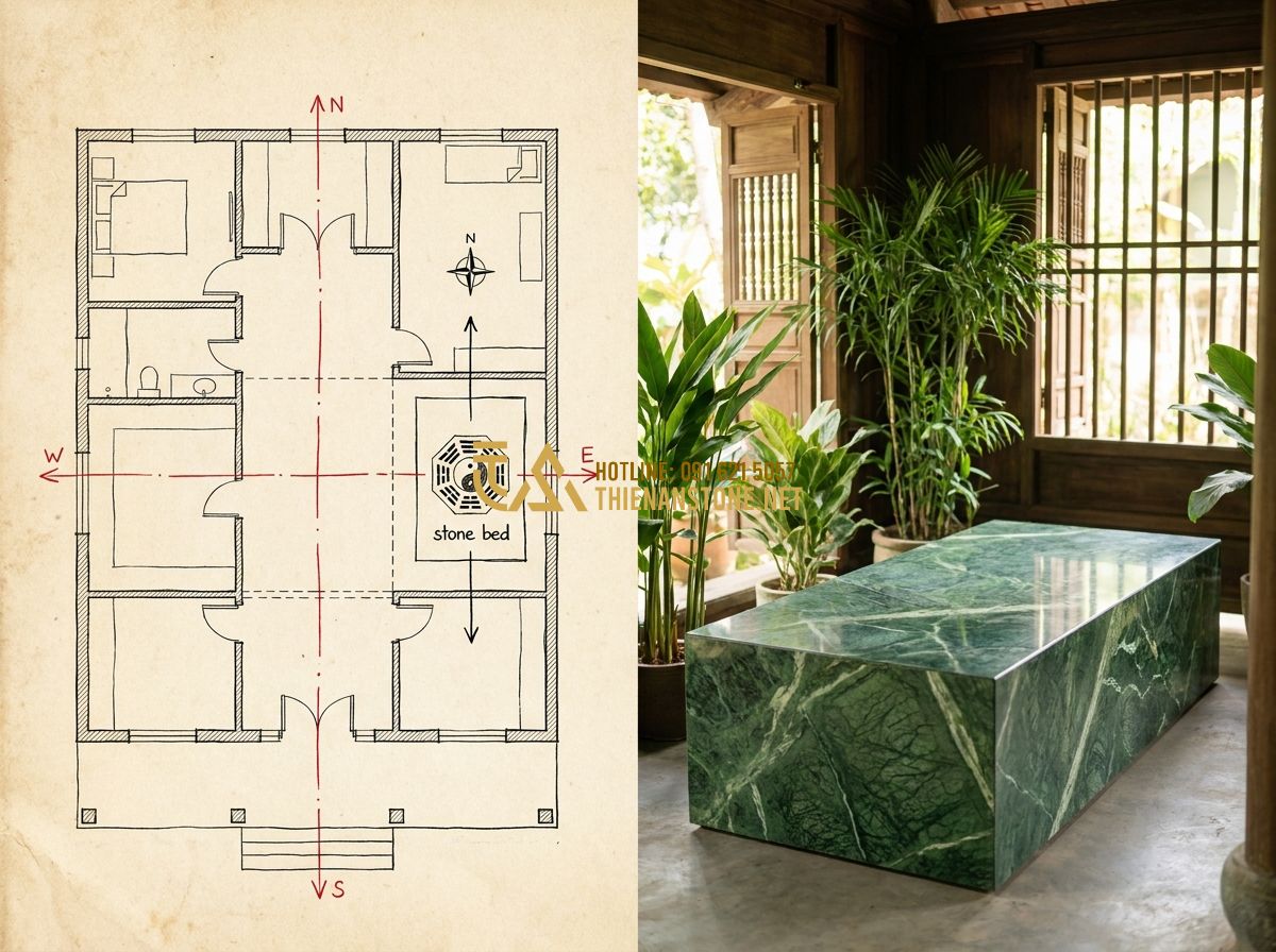 Báo Giá Sập Đá Nguyên Khối Mới Nhất 2026 – Giá Phản Đá Tự Nhiên Cao Cấp Theo Kích Thước - Tạo ảnh tiếng Anh: An architectural floor plan of a traditional house with a des