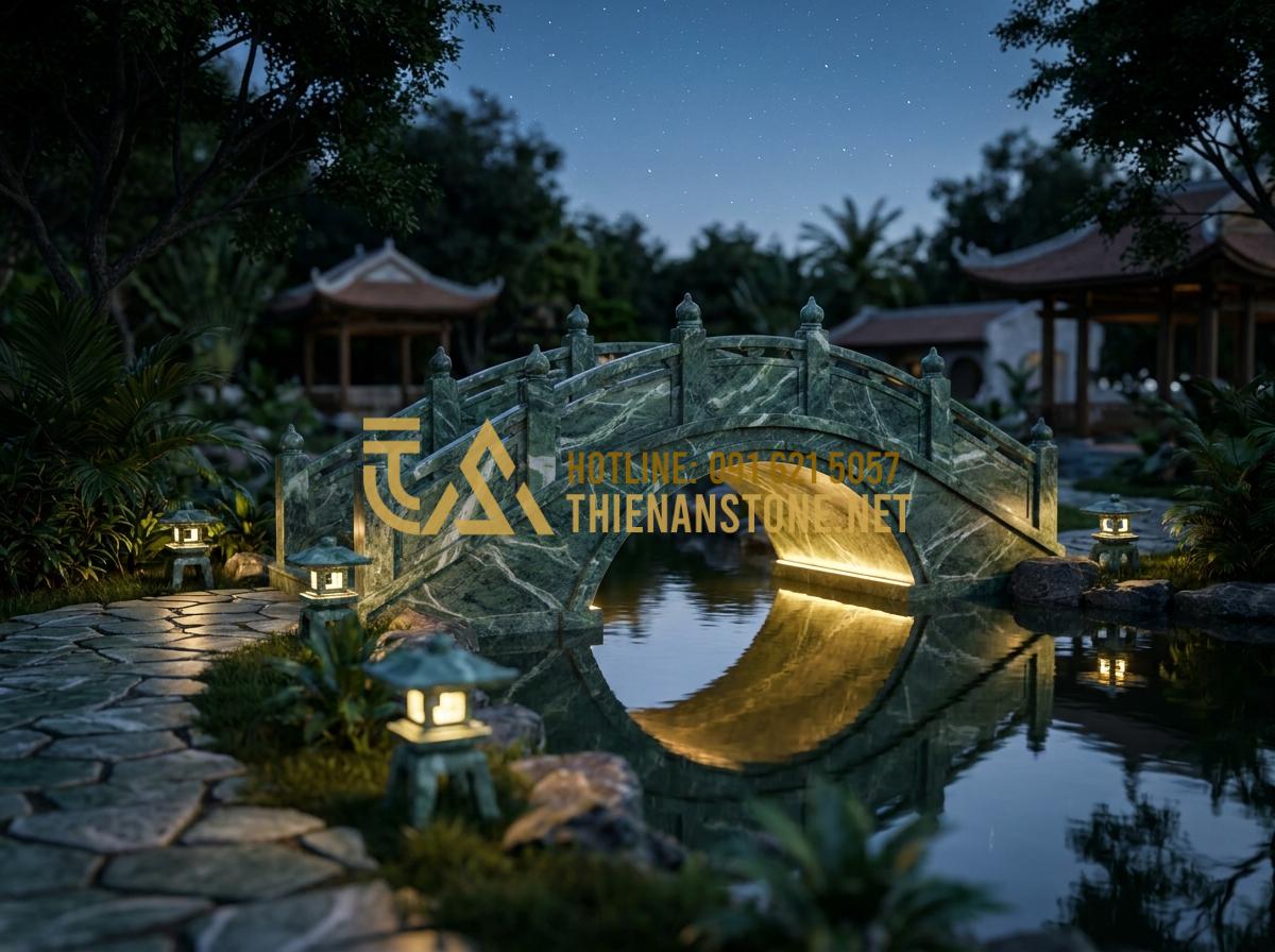 Báo giá thi công cầu đá sân vườn 2026: Chi phí trọn gói tính theo mét hay nguyên khối? - Hình 8 Báo giá thi công cầu đá sân vườn 2026: Chi phí trọn gói tính theo mét hay nguyên khối? - Tạo ảnh tiếng Anh: A stunning night view of a stone bridge in a garden. Warm, su
