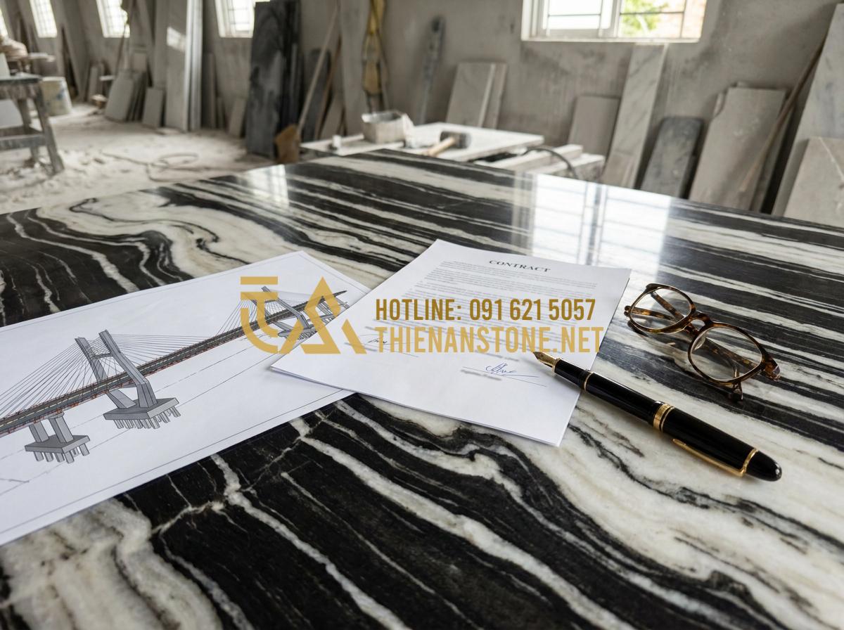 Báo giá thi công cầu đá sân vườn 2026: Chi phí trọn gói tính theo mét hay nguyên khối? - Hình 9 Báo giá thi công cầu đá sân vườn 2026: Chi phí trọn gói tính theo mét hay nguyên khối? - Tạo ảnh tiếng Anh: A close-up photo of a signed contract lying on a polished sto
