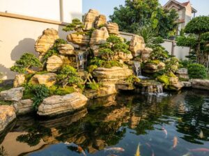 Báo Giá Thi Công Hòn Non Bộ Mini Và Ngoài Trời Mới Nhất 2024 - Tạo ảnh tiếng Anh: A majestic outdoor landscape featuring a traditional Vietname