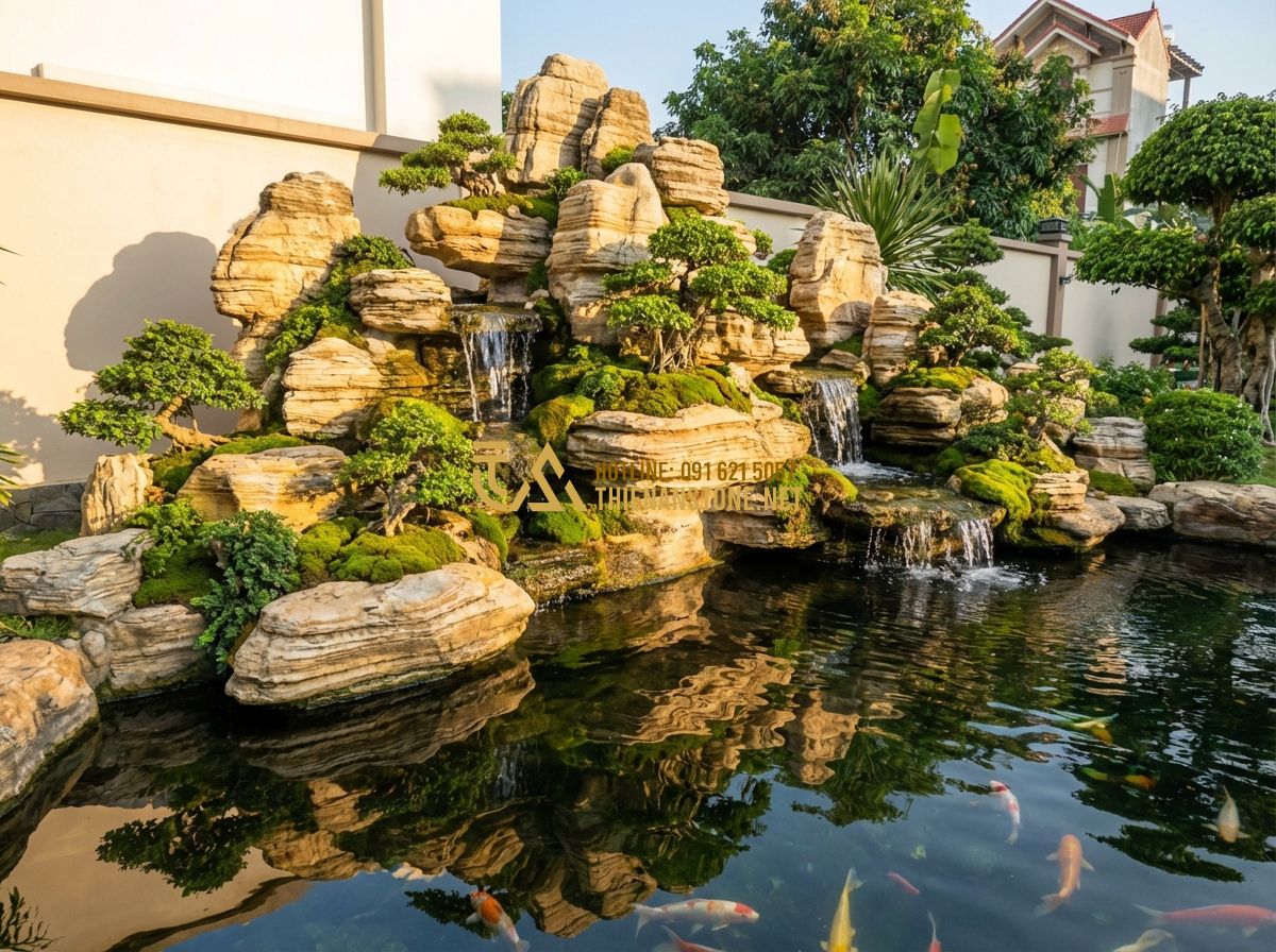 Báo Giá Thi Công Hòn Non Bộ Mini Và Ngoài Trời Mới Nhất 2024 - Tạo ảnh tiếng Anh: A majestic outdoor landscape featuring a traditional Vietname