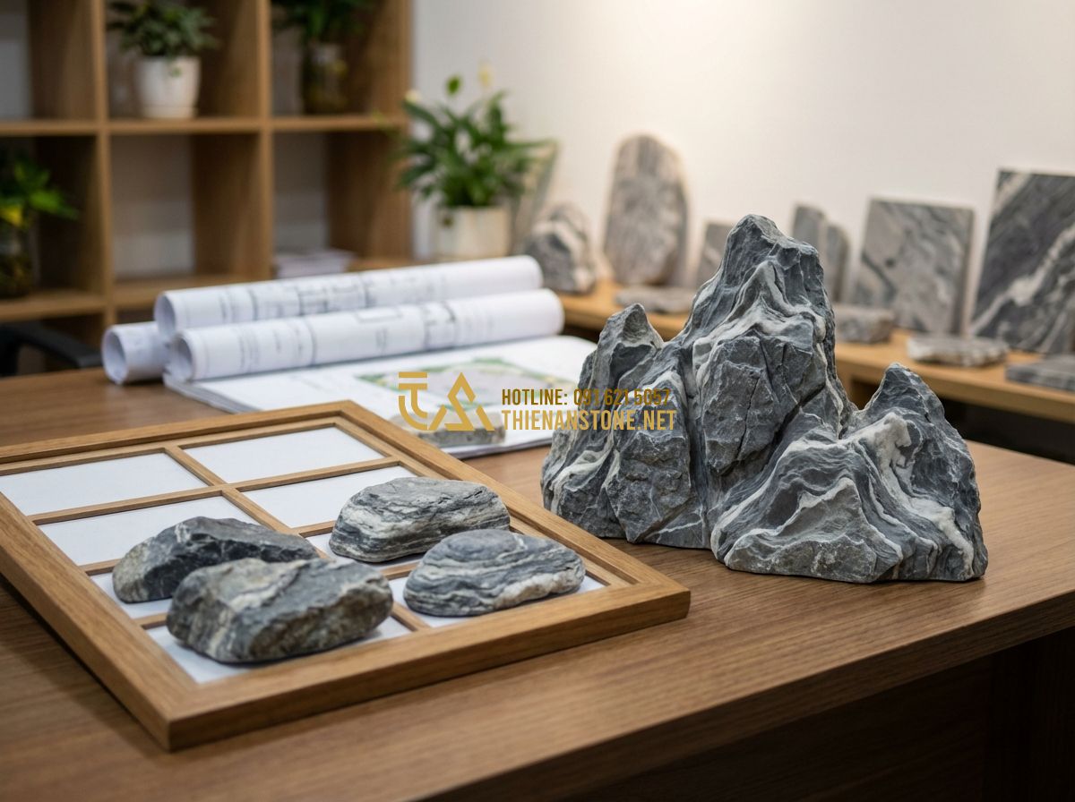 Báo Giá Thi Công Hòn Non Bộ Mini Và Ngoài Trời Mới Nhất 2024 - Tạo ảnh tiếng Anh: A detailed comparison table shown on a wooden desk, next to a