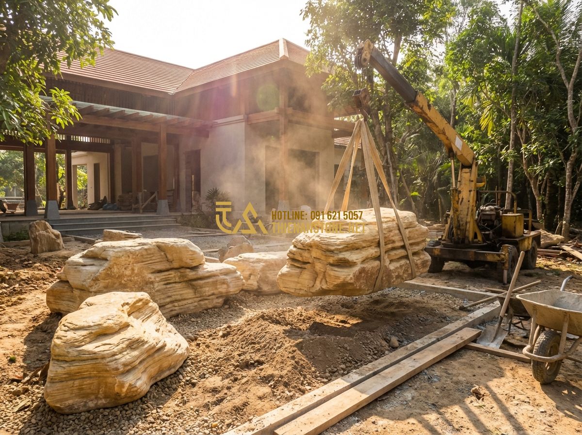 Báo Giá Thi Công Hòn Non Bộ Mini Và Ngoài Trời Mới Nhất 2024 - Tạo ảnh tiếng Anh: A team of skilled Vietnamese artisans wearing traditional wor