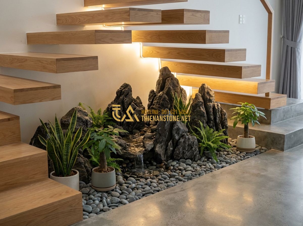 Báo Giá Thi Công Hòn Non Bộ Mini Và Ngoài Trời Mới Nhất 2024 - Tạo ảnh tiếng Anh: A beautiful indoor miniature mountain scene placed under a mo