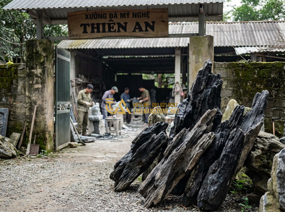 Báo Giá Thi Công Hòn Non Bộ Mini Và Ngoài Trời Mới Nhất 2024 - Tạo ảnh tiếng Anh: The entrance of "Xưởng Đá Mỹ Nghệ Thiên An" in Phu Tho, Vietn
