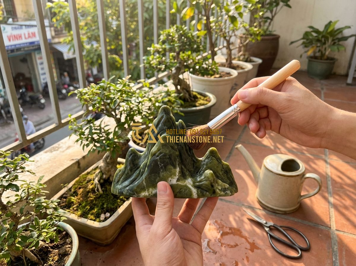 Báo Giá Thi Công Hòn Non Bộ Mini Và Ngoài Trời Mới Nhất 2024 - Tạo ảnh tiếng Anh: A homeowner calmly using a small soft brush to clean a miniat