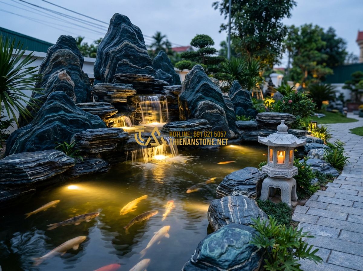 Báo Giá Thi Công Hòn Non Bộ Mini Và Ngoài Trời Mới Nhất 2024 - Tạo ảnh tiếng Anh: A final atmospheric shot of a finished large-scale outdoor ro