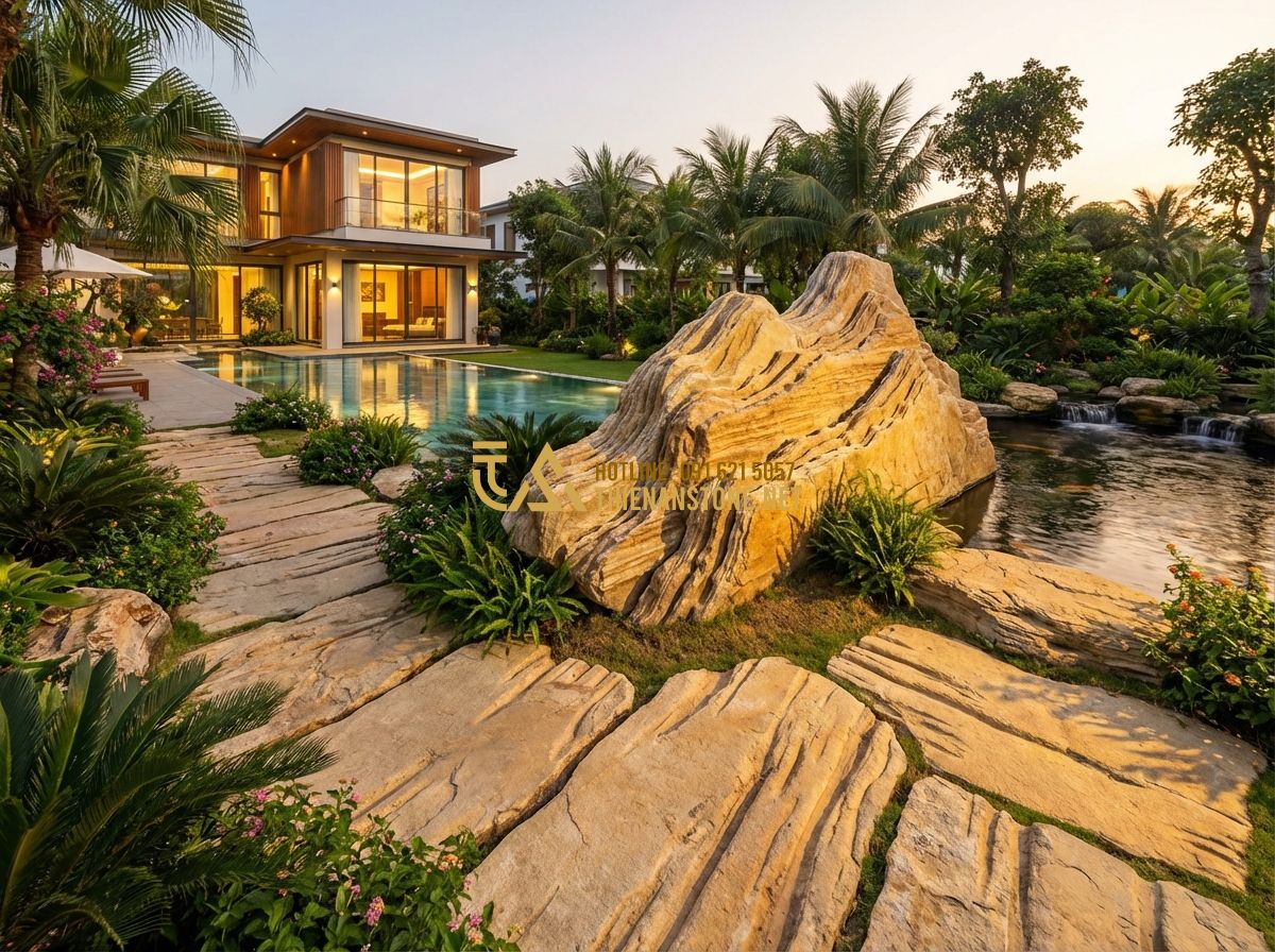 Báo Giá Thiết Kế Sân Vườn 2025 - Chi Phí & Dịch Vụ Thiết Kế Sân Vườn Chuyên Nghiệp - Tạo ảnh tiếng Anh: A high-end modern garden design with a luxury swimming pool,