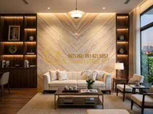 Báo giá tranh đá tự nhiên 2026: Chi phí thi công trọn gói bao nhiêu? - Tạo ảnh tiếng Anh: A magnificent living room featuring a large, symmetrical book