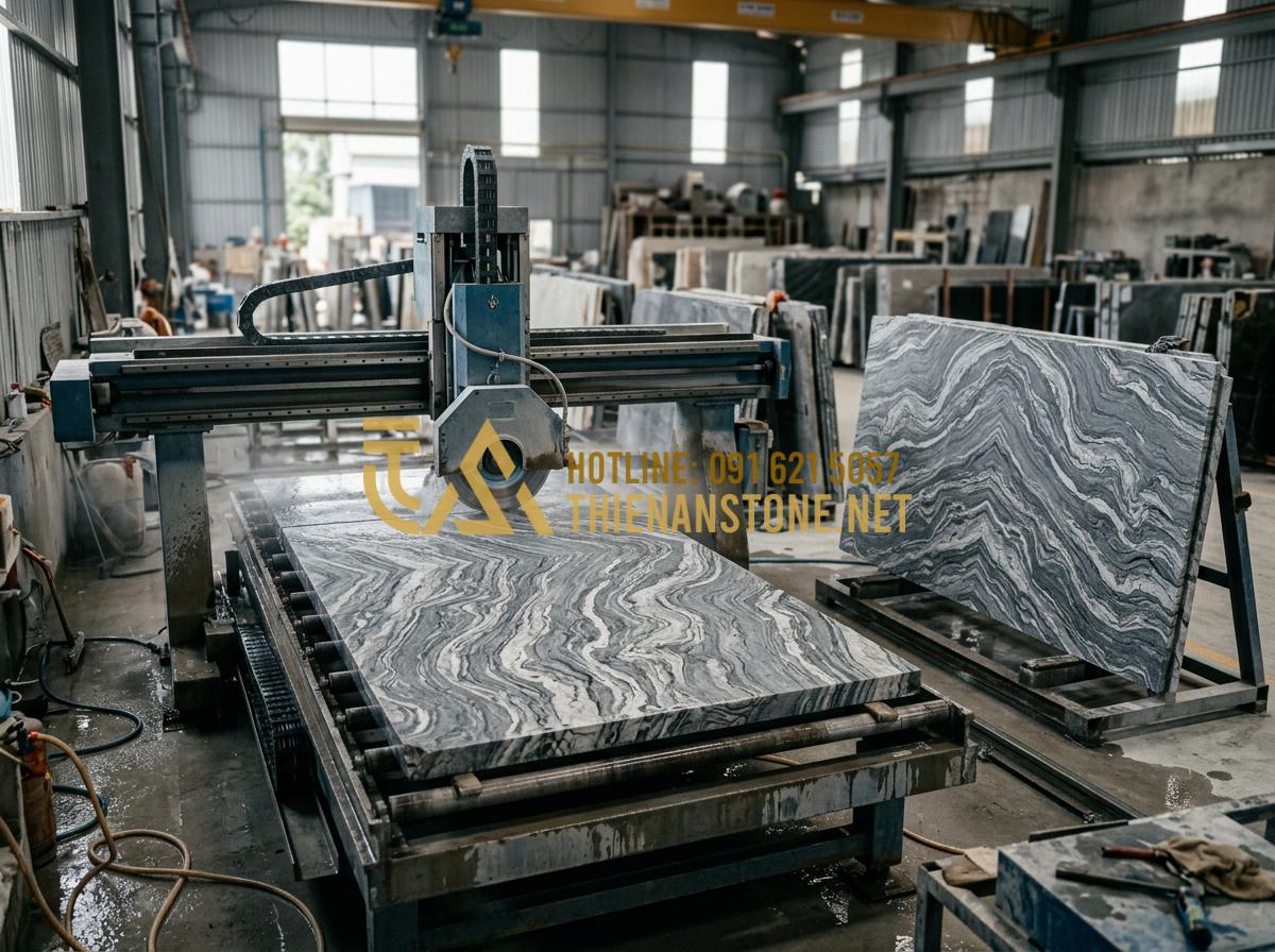 Báo giá tranh đá tự nhiên 2026: Chi phí thi công trọn gói bao nhiêu? - Tạo ảnh tiếng Anh: Skilled craftsmen in a modern factory using precision machine