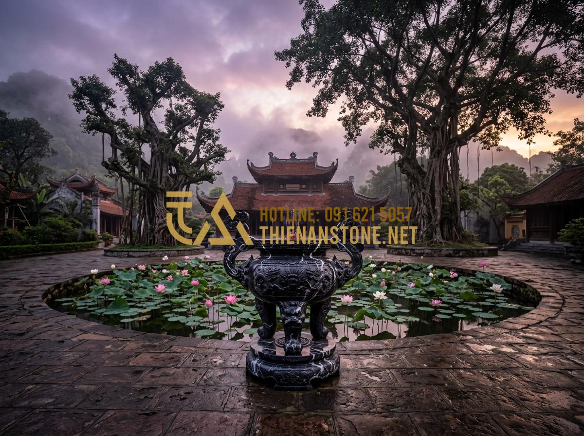 Bát Hương Đá Cổ: Khám Phá Vẻ Đẹp Trầm Mặc Và Ý Nghĩa Tâm Linh Sâu Sắc - Hình 2 Bát Hương Đá Cổ: Khám Phá Vẻ Đẹp Trầm Mặc Và Ý Nghĩa Tâm Linh Sâu Sắc - Tạo ảnh tiếng Anh: A wide-angle landscape photo of a serene Buddhist temple cour