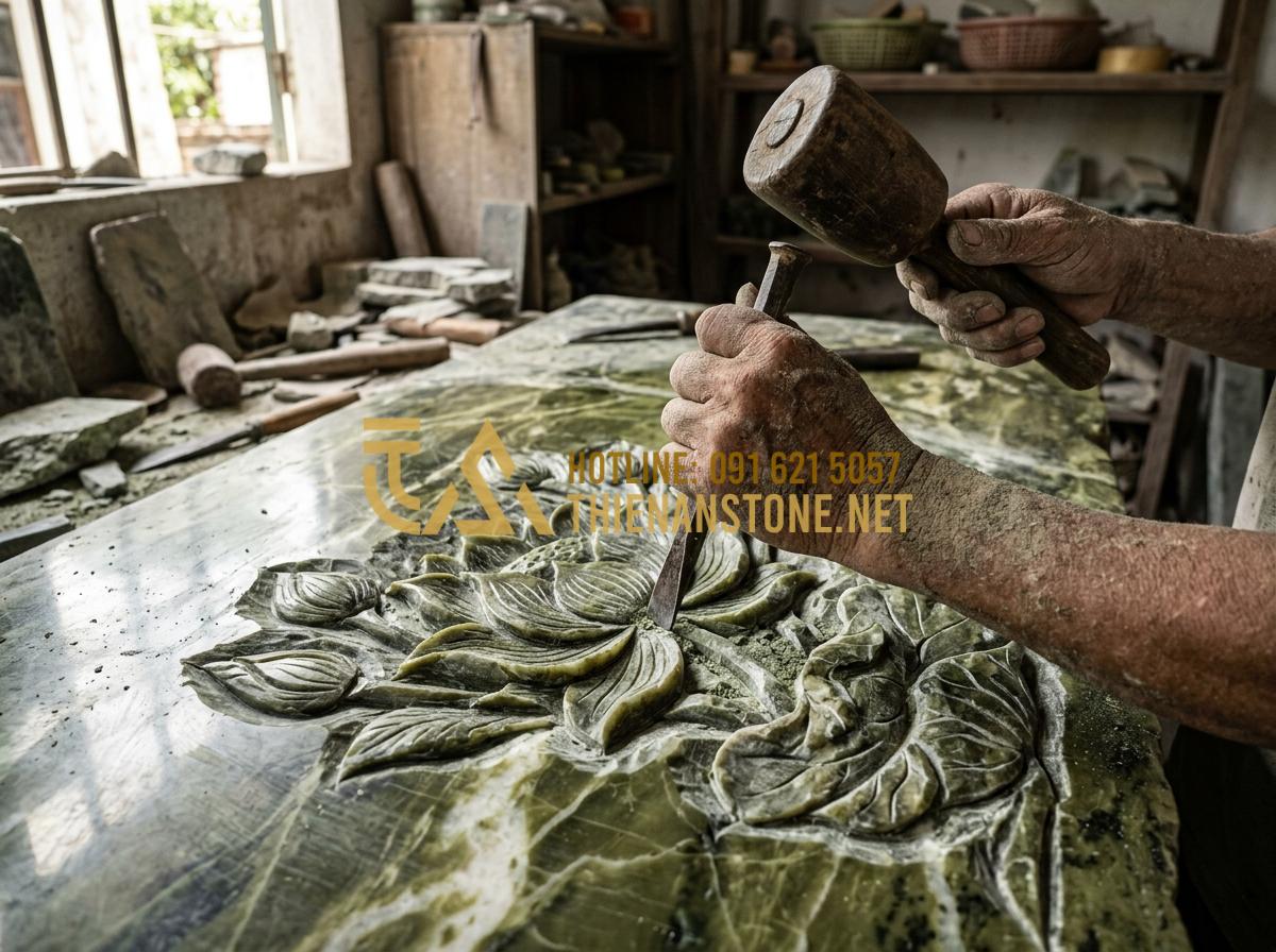 Bát Hương Đá Cổ: Khám Phá Vẻ Đẹp Trầm Mặc Và Ý Nghĩa Tâm Linh Sâu Sắc - Hình 4 Bát Hương Đá Cổ: Khám Phá Vẻ Đẹp Trầm Mặc Và Ý Nghĩa Tâm Linh Sâu Sắc - Tạo ảnh tiếng Anh: Close-up of a master artisan's hands using a traditional chis