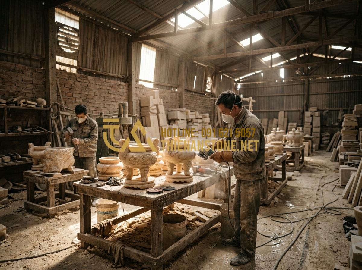 Bát Hương Đá Cổ: Khám Phá Vẻ Đẹp Trầm Mặc Và Ý Nghĩa Tâm Linh Sâu Sắc - Hình 5 Bát Hương Đá Cổ: Khám Phá Vẻ Đẹp Trầm Mặc Và Ý Nghĩa Tâm Linh Sâu Sắc - Tạo ảnh tiếng Anh: A cinematic shot of a stone carving factory interior. Sunligh