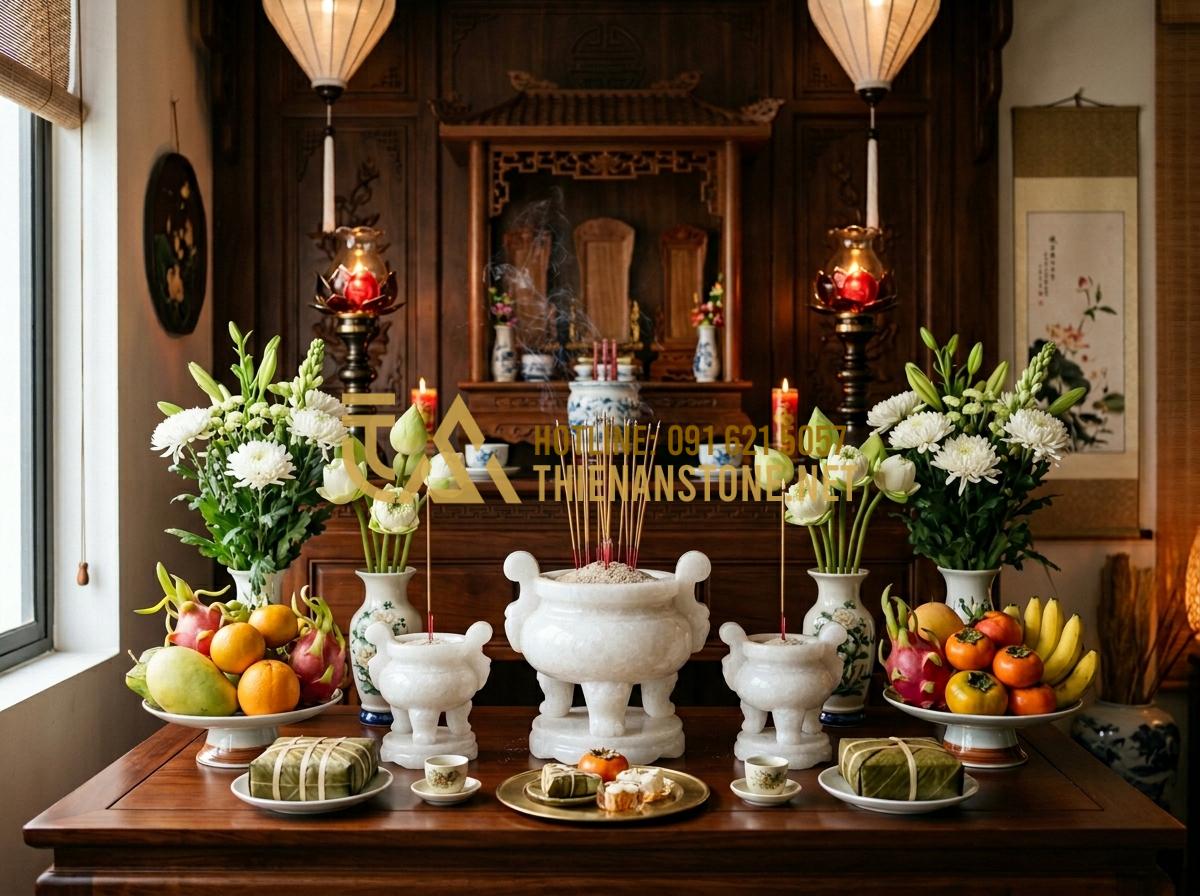 Bát Hương Đá Cổ: Khám Phá Vẻ Đẹp Trầm Mặc Và Ý Nghĩa Tâm Linh Sâu Sắc - Hình 7 Bát Hương Đá Cổ: Khám Phá Vẻ Đẹp Trầm Mặc Và Ý Nghĩa Tâm Linh Sâu Sắc - Tạo ảnh tiếng Anh: An illustration of a correctly arranged traditional Vietnames