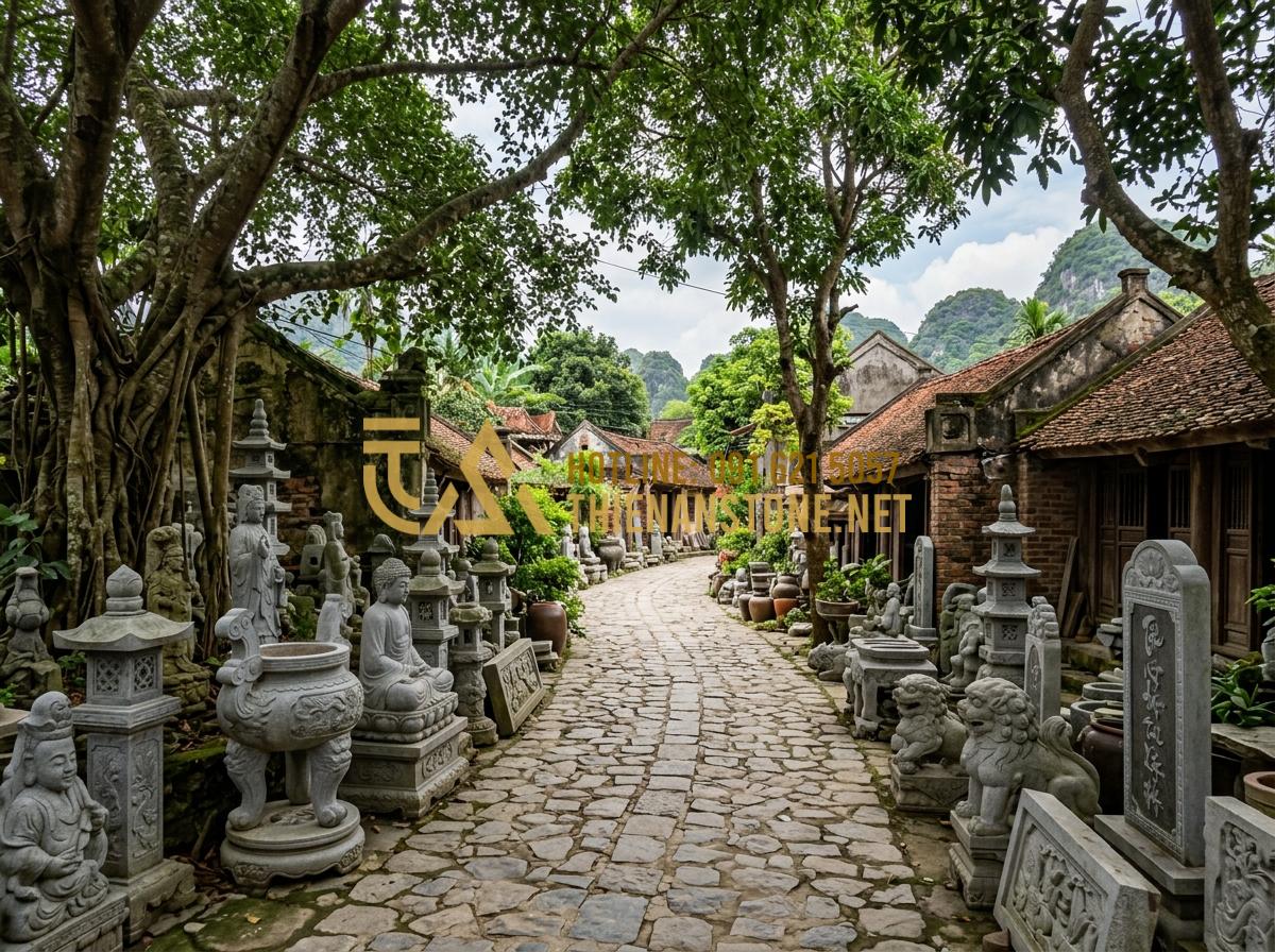 Bát Hương Đá Cổ: Khám Phá Vẻ Đẹp Trầm Mặc Và Ý Nghĩa Tâm Linh Sâu Sắc - Hình 8 Bát Hương Đá Cổ: Khám Phá Vẻ Đẹp Trầm Mặc Và Ý Nghĩa Tâm Linh Sâu Sắc - Tạo ảnh tiếng Anh: A wide shot of a traditional stone carving village in norther