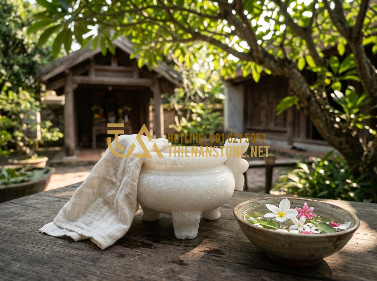 Bát Hương Đá Ngoài Trời & Bát Hương Đá Vuông: Kích Thước Chuẩn Thước Lỗ Ban - A person using a soft cloth and a bowl of clear water with flowers to gently cle